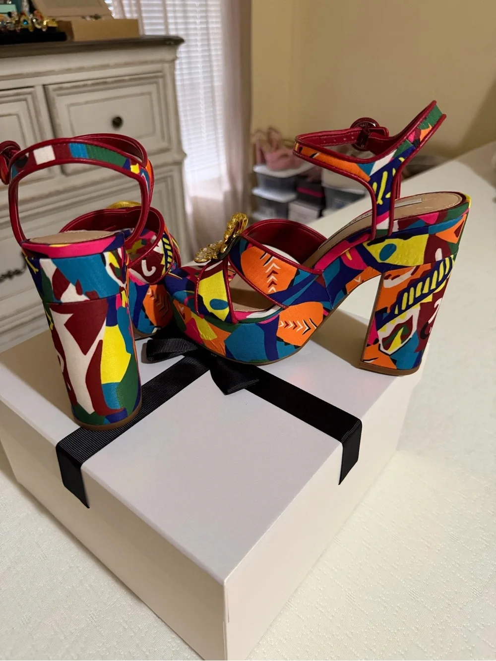 Gianni Bini Bright Multicolor Platform Sandals with Red Trim